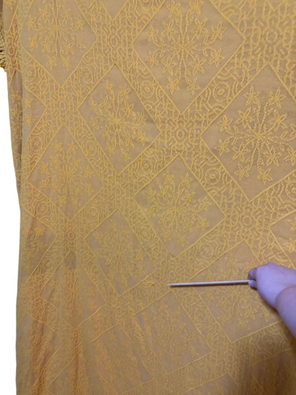 VTG Chenille Bedspread Fringe Mustard Yellow Pale Red MCM Grannycore Twin Full